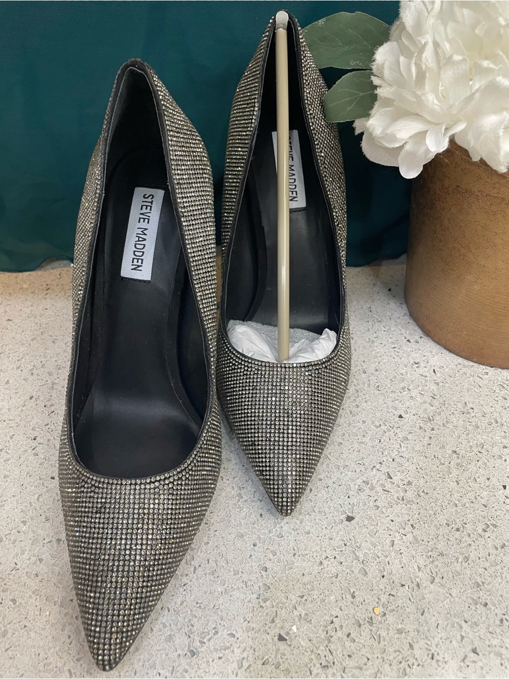 Steve Madden Rhinestone Pointed Toe Pumps - Silver/Black Sparkle - Picture 9 of 13